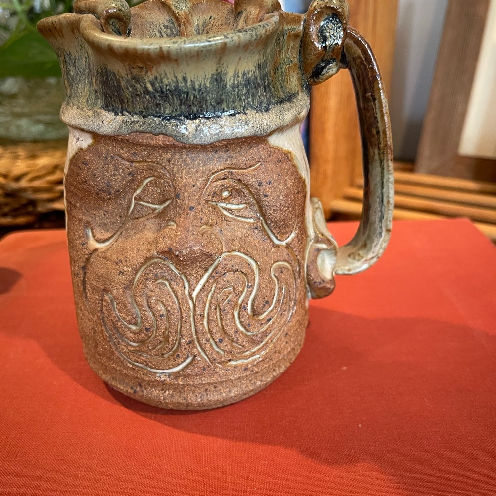 Handcrafted Mid-Century Ceramic Mug with Mustache Face Design -signed